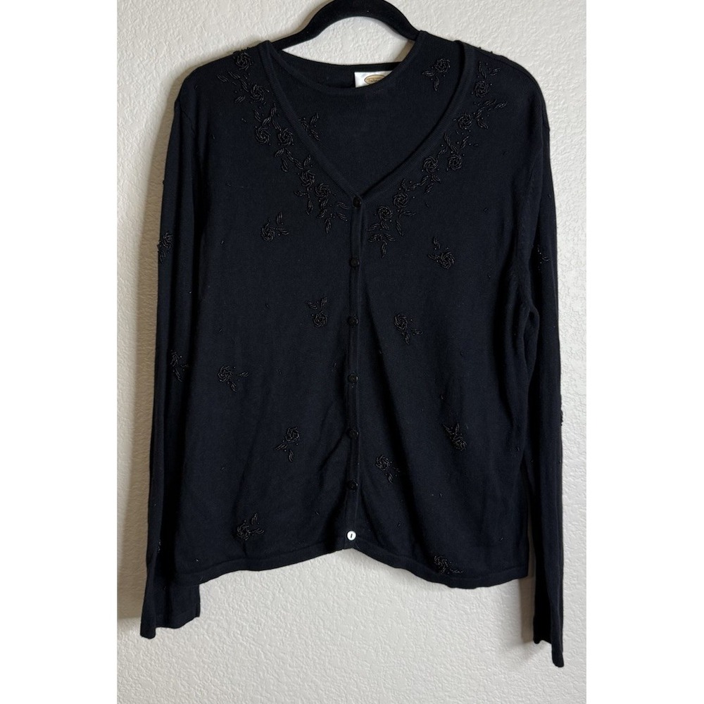Talbots XL Large 2 Piece Black Embellished Button Front Knit Cardigan Tank Top